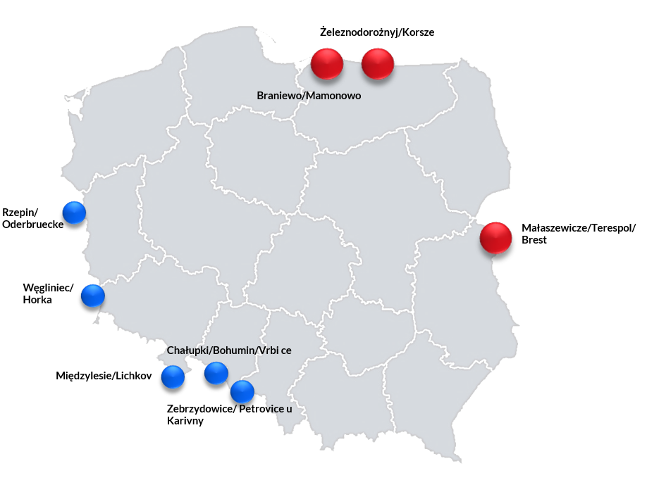 Grafika przedstawiająca mapę Polski z Najważniejszymi przejściami granicznymi dla przewozów intermodalnych